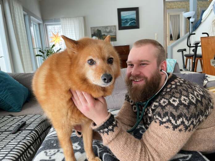 Antti Paana kuuntelee tässä Turren sydänääniä. Hyvältä kuulostaa, vaikka Turrella on ikää jo 13 vuotta.
