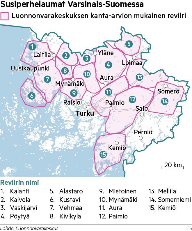 Kartasta näkyy miten susilaumat ovat pakkautuneet Lounais-Suomen alueelle ja miten pieneen reviiriin lauma voi tyytyä jos ravintoa on alueella riittävästi.